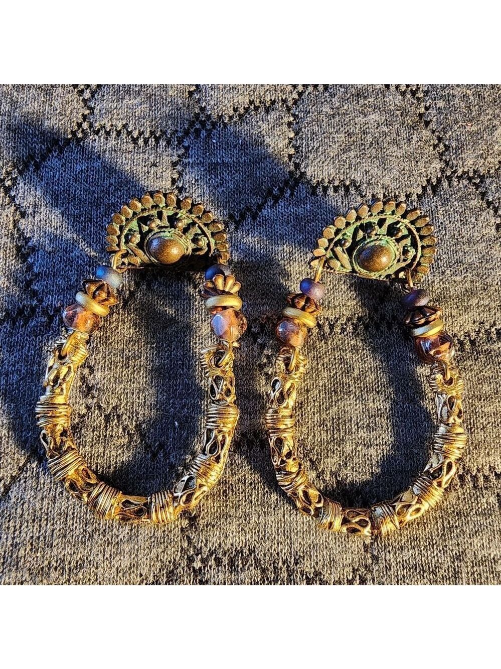 Gold and Brown Hoop Earrings - Picture 4 of 4